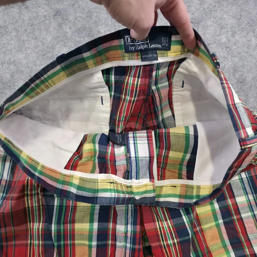 VTG Polo Ralph Lauren Shorts Mens 36 Multicolor Madras Plaid Cotton‎ Flat Front